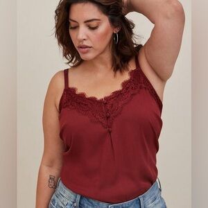 NWT Torrid Plus Size 2X Stretch Challis Lace Trim Cami Burgandy Cami Feminine